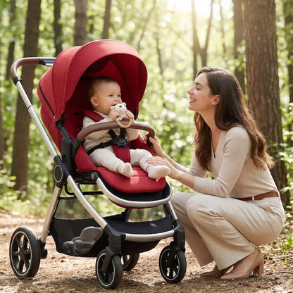 bébé poussette rouge mord hochet bébé ourson maman accroupie sourit