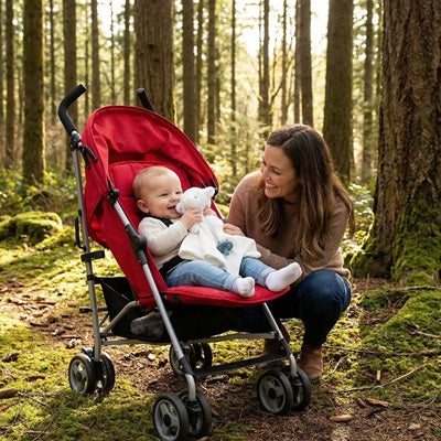 bebe poussette rouge tient doudou bebe maman sourit endroit foret