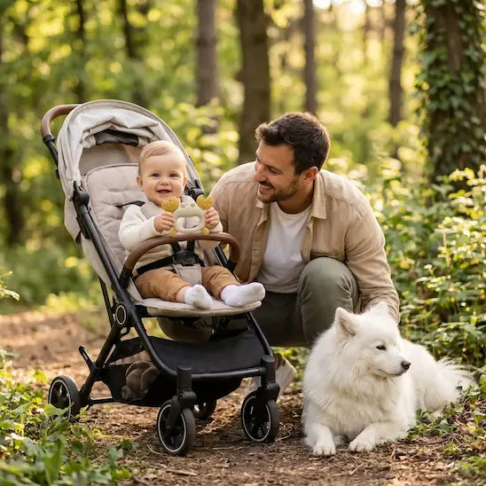 bébé poussette tient anneau dentition bébé papa regarde chien couché