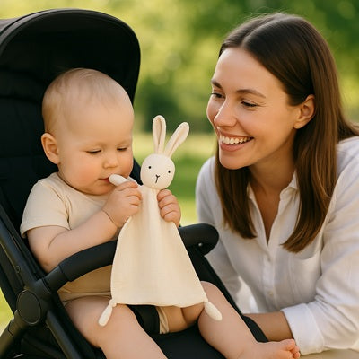 bebe poussette tient doudou bebe lapin blanc maman sourit