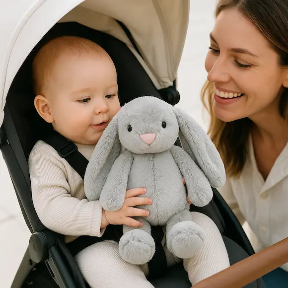 bébé poussette tient peluche bebe maman sourit
