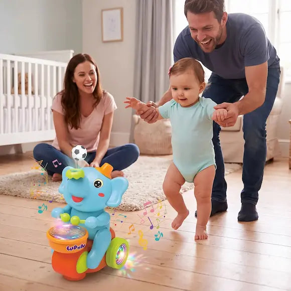 bébé premiers pas papa tient regardent jouet bebe éléphant musical