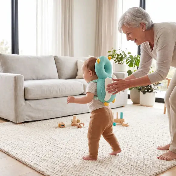 bébé premiers pas porte coussin peluche anti chute mamie surveille