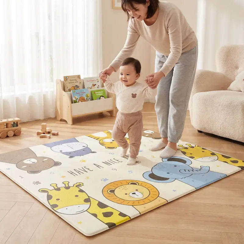 bébé premiers pas tapis motricité bébé maman tient bébé