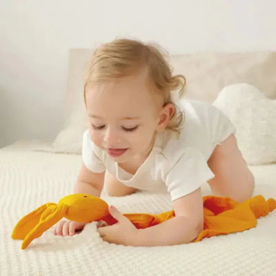 bebe quatre patte lit sourit a doudou bebe