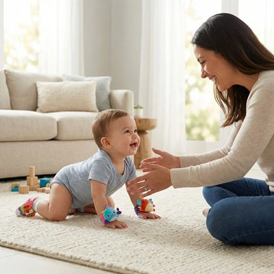 bebe quatre pattes avance vers maman hochet bebe pieds poignets