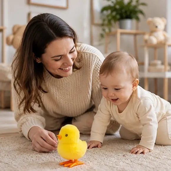 bébé quatre pattes maman genoux regardent jouet bebe poussin jaune
