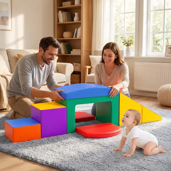 bébé quatre pattes papa maman installe parcours motricité bebe