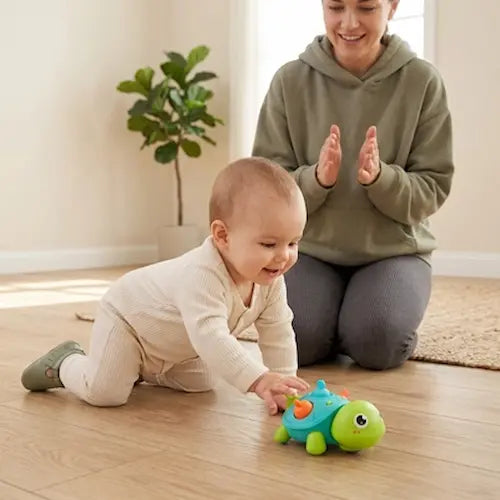 bébé quatre pattes pousse jouet bebe tortue interactive maman applaudit