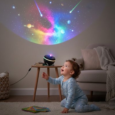 bebe quatre pattes regarde image plafond veilleuse projection bebe