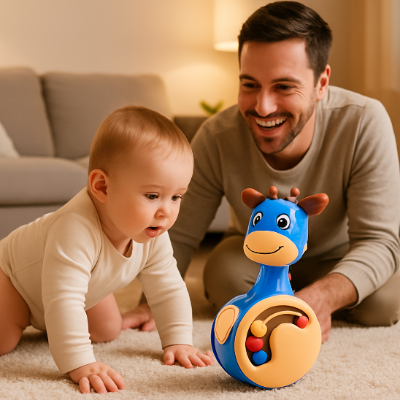 bebe quatre pattes regarde jouet bebe 1 an papa sourit