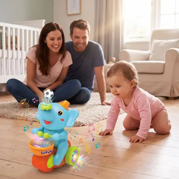bébé quatre pattes suit jouet bebe éléphant papa maman regardent