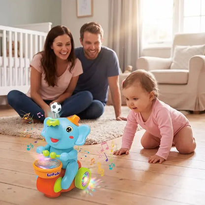 bébé quatre pattes suit jouet bebe éléphant papa maman regardent