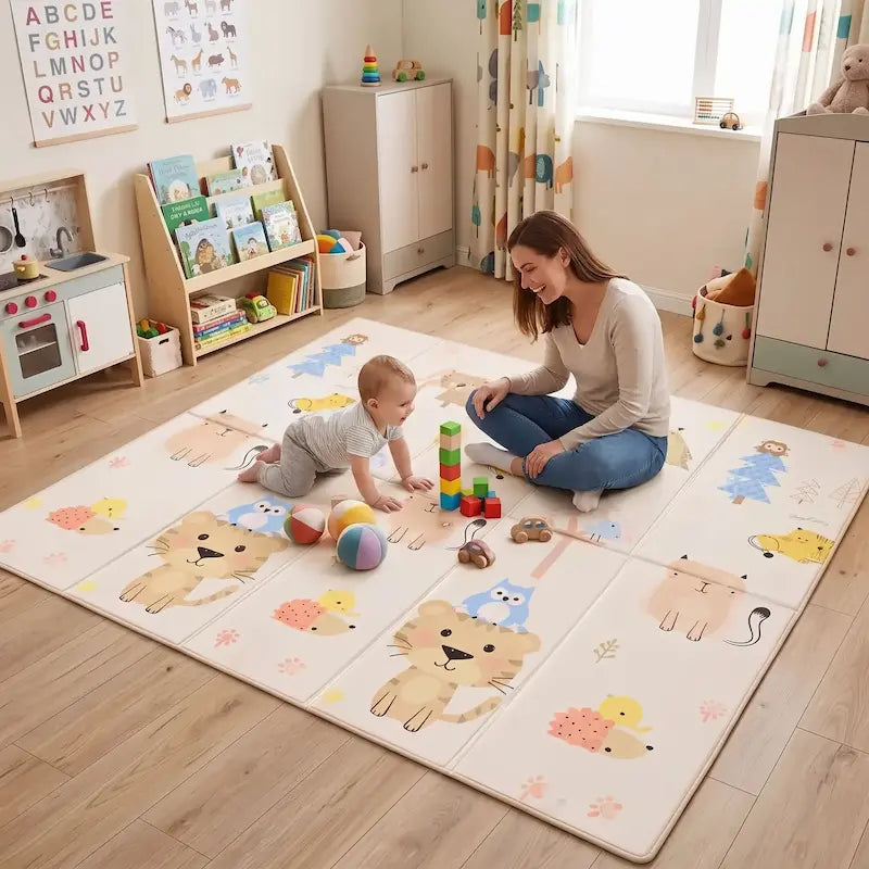 bébé quatre pattes tapis motricité bébé maman assis regarde