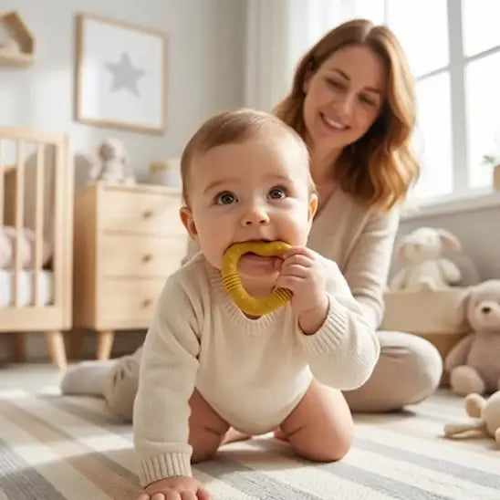 bébé quatre pattes tient anneau dentition bébé bouche maman tient