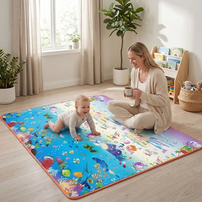 bebe rampe tapis de jeu bebe maman assis boit cafe