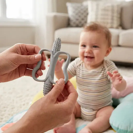 bébé regarde anneau de dentition bébé tendu par parent