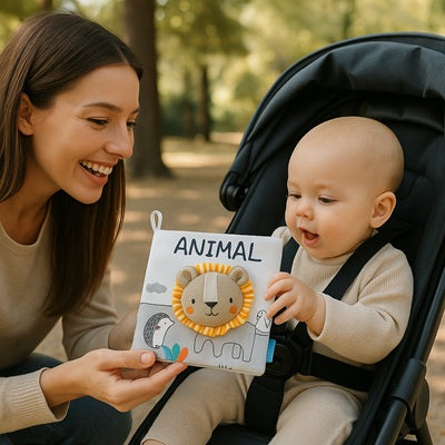 bebe regarde livre bebe avec maman poussette