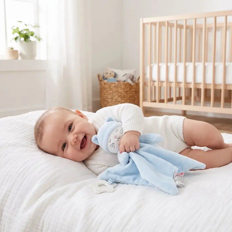 bébé souriant allongé côté gauche tient doudou bebe main