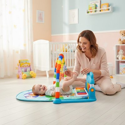bebe souriant allonge dos tapis deveil bebe maman surveille