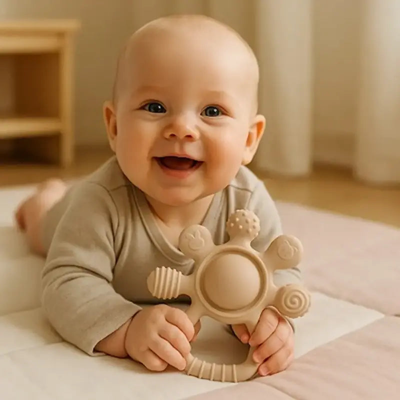 bébé souriant allongé lit tient anneau de dentition