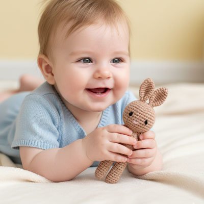 bebe souriant allonge lit tient lapin doudou dans mains