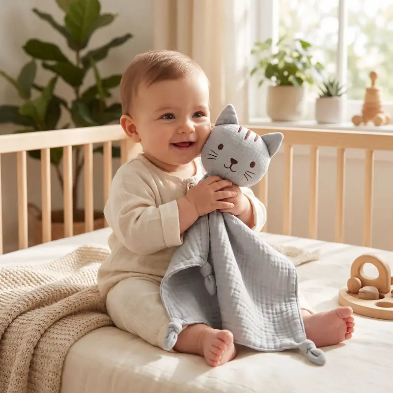 bébé souriant assis berceau câline doudou bebe chat gris