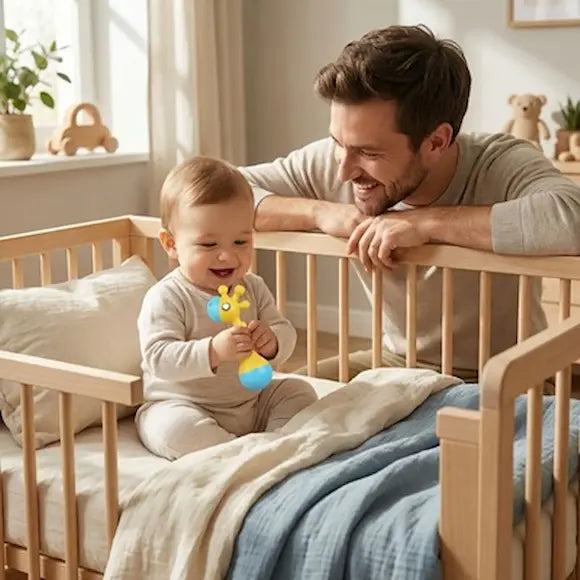 bébé souriant assis berceau joue hochet bébé papa regarde bébé