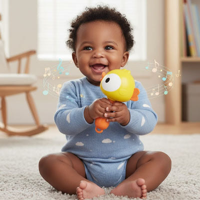 bebe souriant assis chambre tient hochet pour bebe poussin