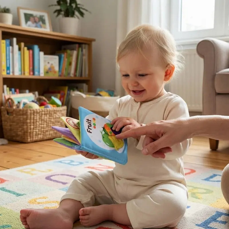 bébé souriant assis découvre livre bebe en tissus fruit