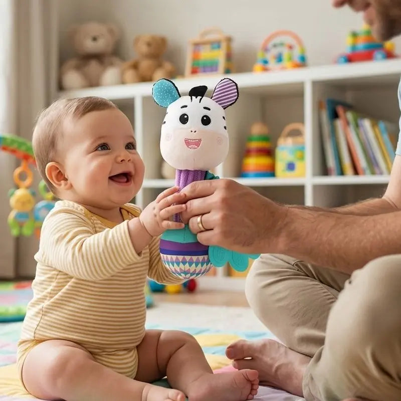 bébé souriant assis saisit hochet bébé papa donne