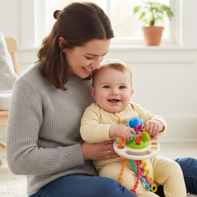 bebe souriant assis sur maman joue avec jouet eveil bebe
