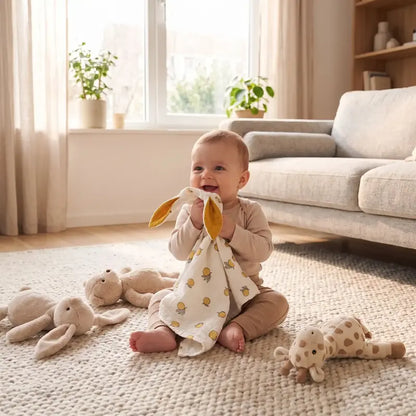 bébé souriant assis tapis câline doudou bebe motif citron