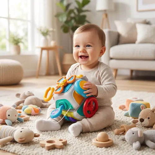 bébé souriant assis tapis entoure hochets tient jouet bebe
