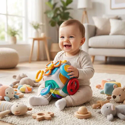 bébé souriant assis tapis entoure hochets tient jouet bebe