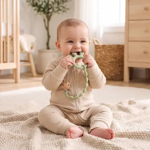 bébé souriant assis tapis mord anneau dentition bébé plus attache