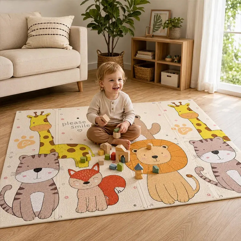 bébé souriant assis tapis motricité bébé joue jouets bois