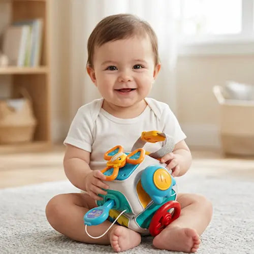 bébé souriant assis tapis tient jouet bebe