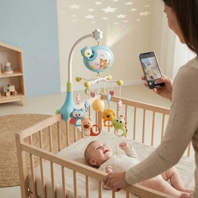 bebe souriant berceau regarde mobile bebe ourson maman fait photo