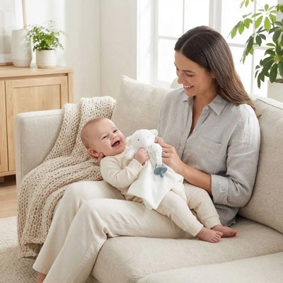 bebe souriant genoux maman canape avec doudou bebe dans mains