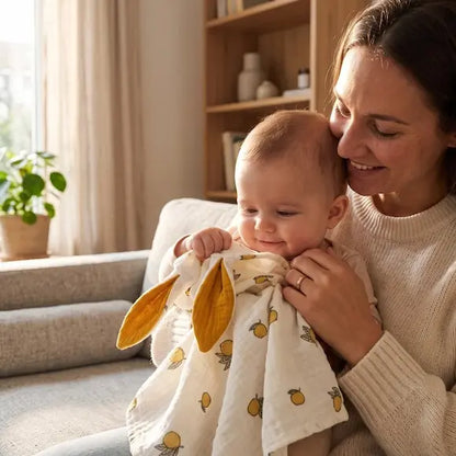 bébé souriant sur maman tient doudou bebe mains