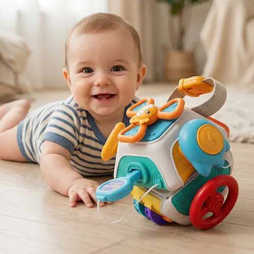 bébé souriant tummy time parquet regarde jouet bebe