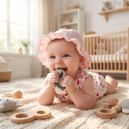 bébé souriant  tummy time tapis mord anneau dentition bébé