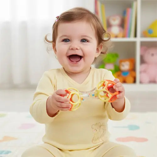 bébé souriante assise tapis tient hochet jaune orange dans mains