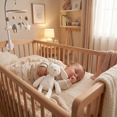 bebe suce pouce dort berceau doudou lapin pres visage