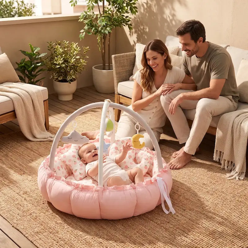 bébé tapis d'éveil bébé joue hochets parents regardent bébé