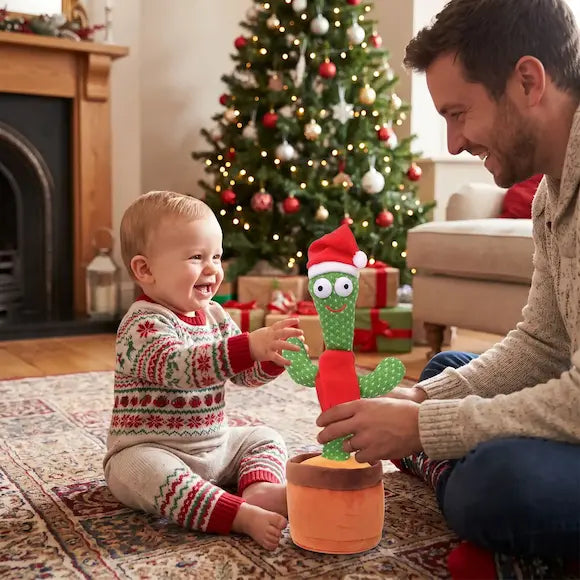 bébé tapis salon touche peluche interactive cactus noël papa tient