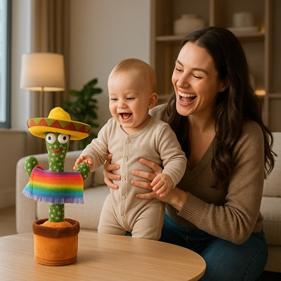 bebe tenu par maman rit avec peluche cactus