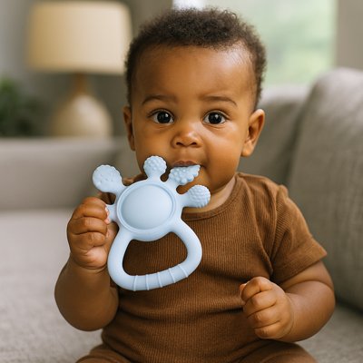 bebe tient anneau de dentition bleu bouche