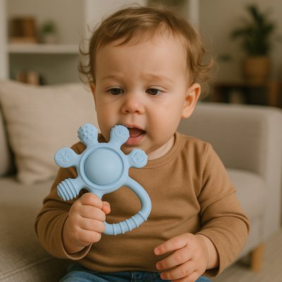 bebe tient anneau de dentition bleu pres bouche